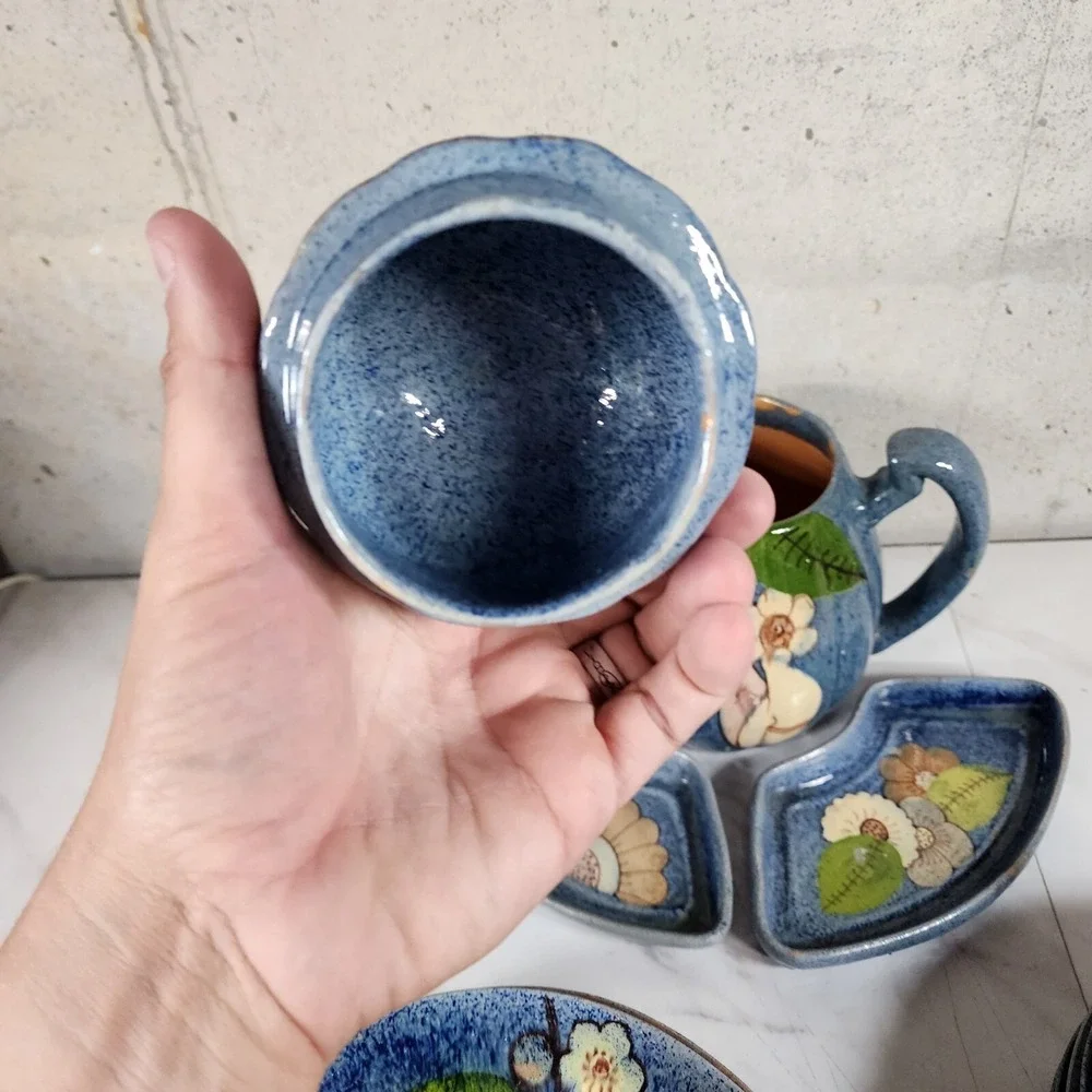 Vintage TLAQUEPAQUE Mexican COFFEE / TEA POT Art Deco‎ Magical Plates Set